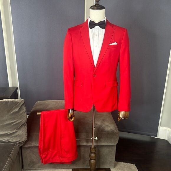Men’s Red Slim Fit 2 Piece Prom Party Formal Suit Size 36 Jacket 32 Pants NEW - Picture 1 of 15